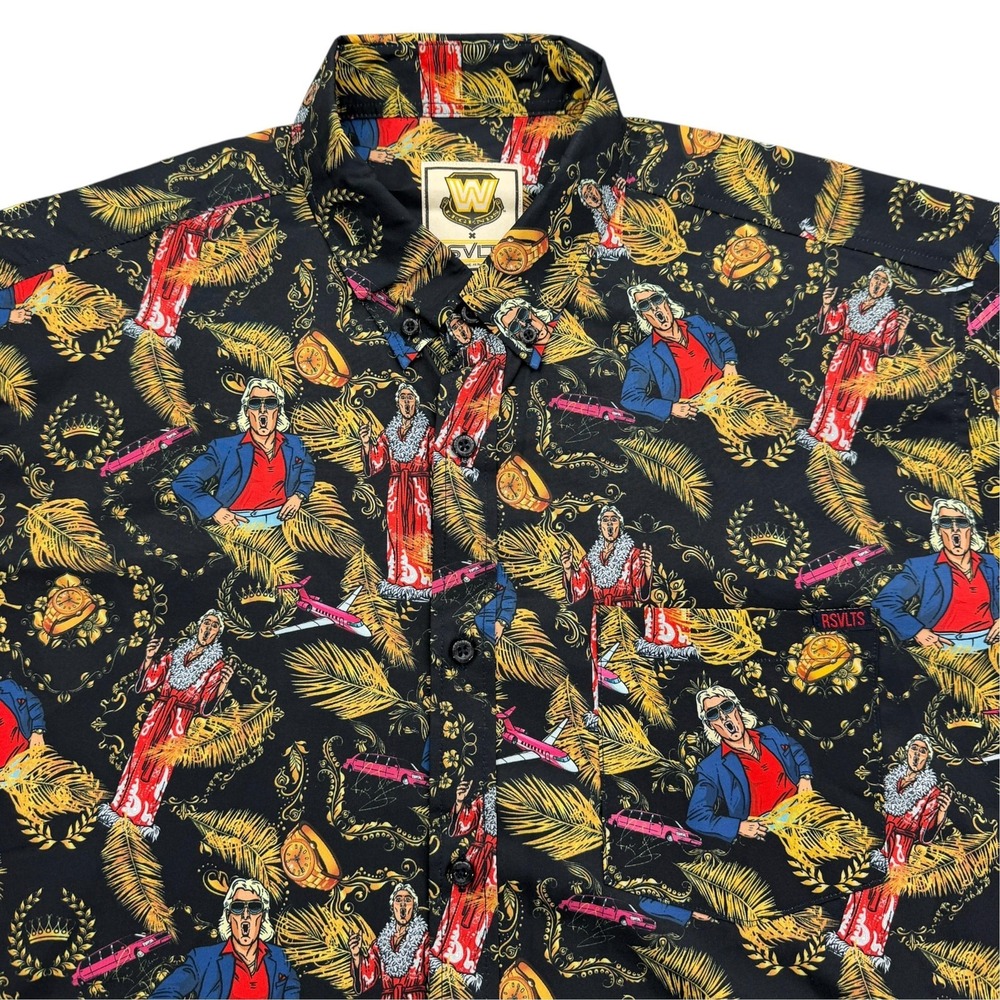 RSVLTS Shirt Mens L Black Short Sleeve Button Up Graphic WWE Legends Ric Flair